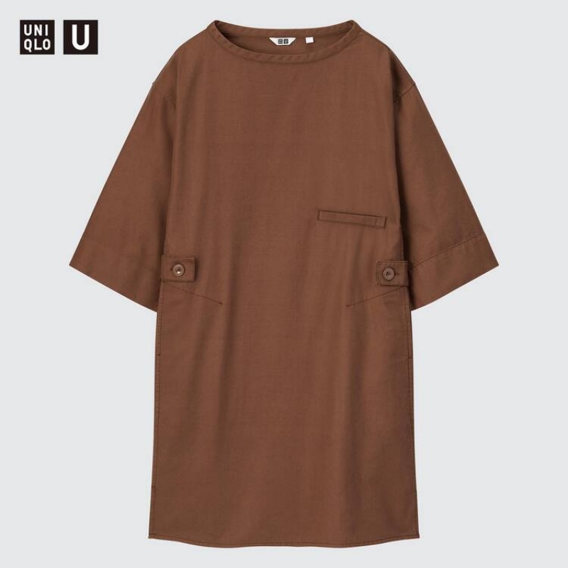 Uniqlo U 3/4 Sleeved Women's Dress Brown | WVPDIL396