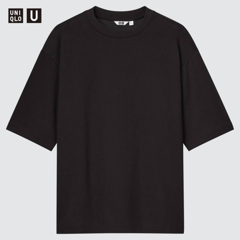 Uniqlo U Airism Cotton Oversized Crew Neck Men\'s T Shirts Black | JWNTKY201