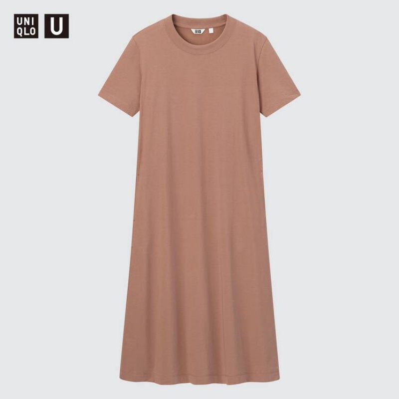 Uniqlo U Airism Cotton Short Sleeved Longline Flared Women\'s Dress Pink | PMUYXS516