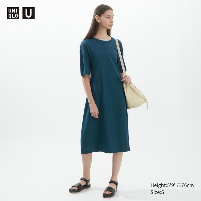 Uniqlo U Airism Cotton Short Sleeved Women\'s Dress Blue | ALDMRB243