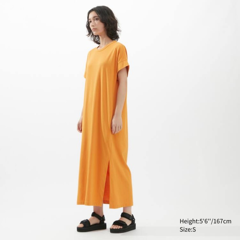 Uniqlo U Airism Cottoned Short Sleeved Women's Dress Orange | MPLCFY302