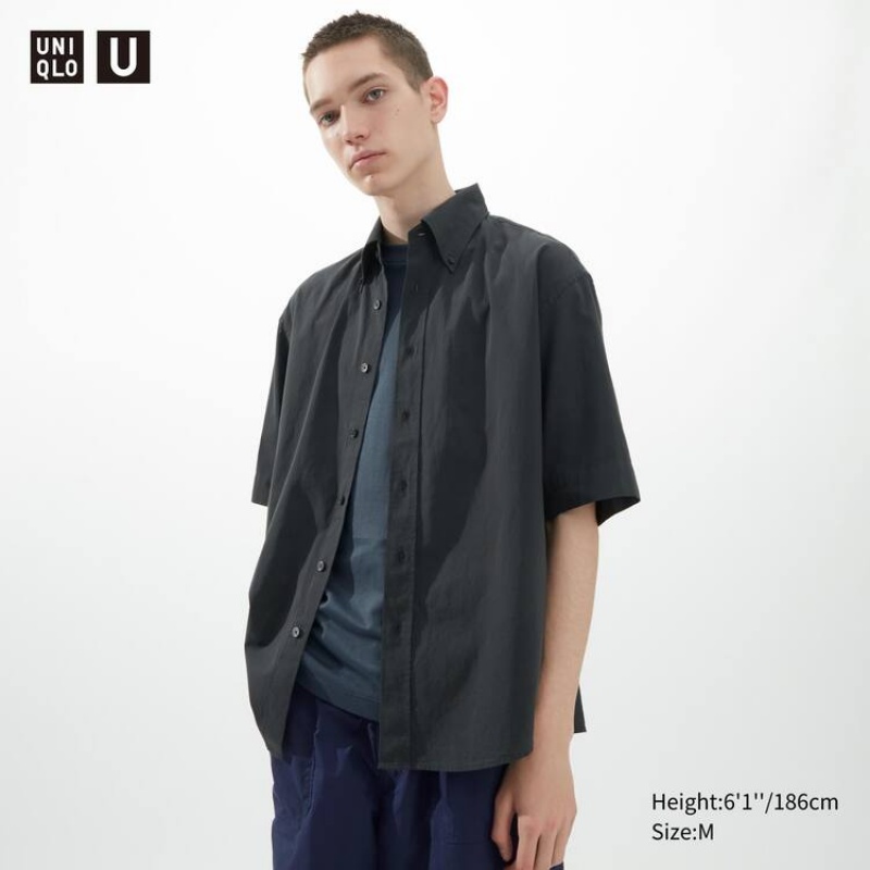 Uniqlo U Casual Fit Short Sleeved (Button-down Collar) Men\'s Shirts Dark Grey | XCTZBV342