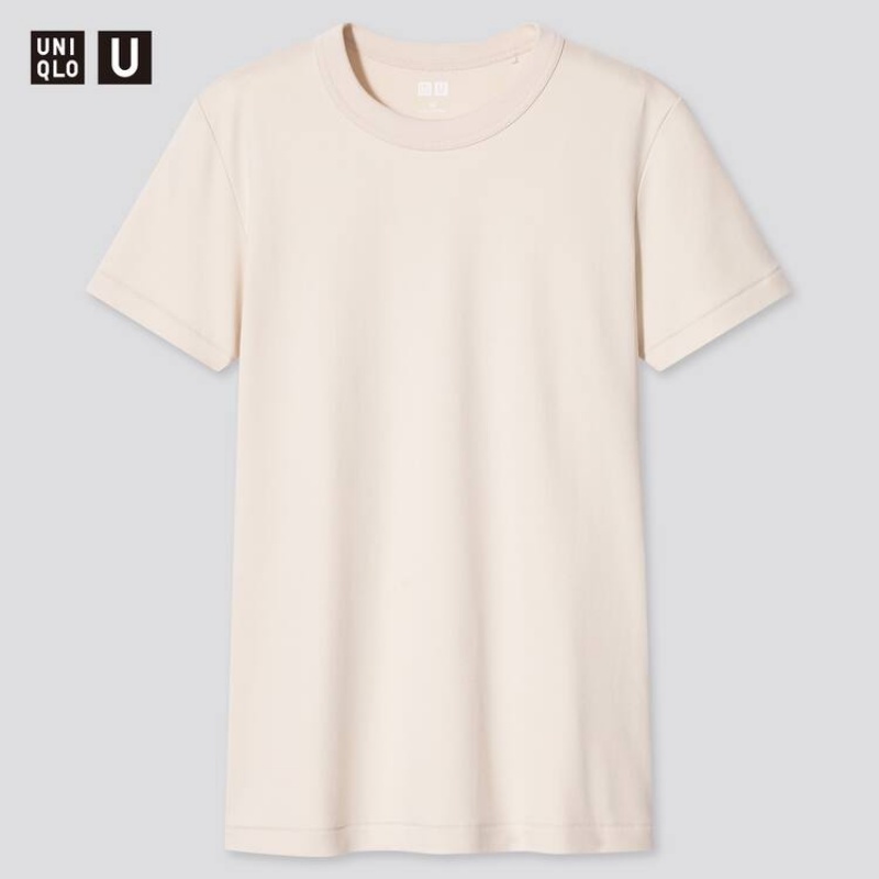 Uniqlo U Crew Neck (2021 Season) Women\'s T Shirts Beige | EHXODV896