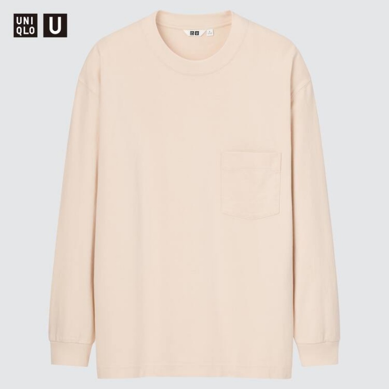 Uniqlo U Crew Neck Long Sleeved Men\'s Sweatshirts Beige | OUMIRS971