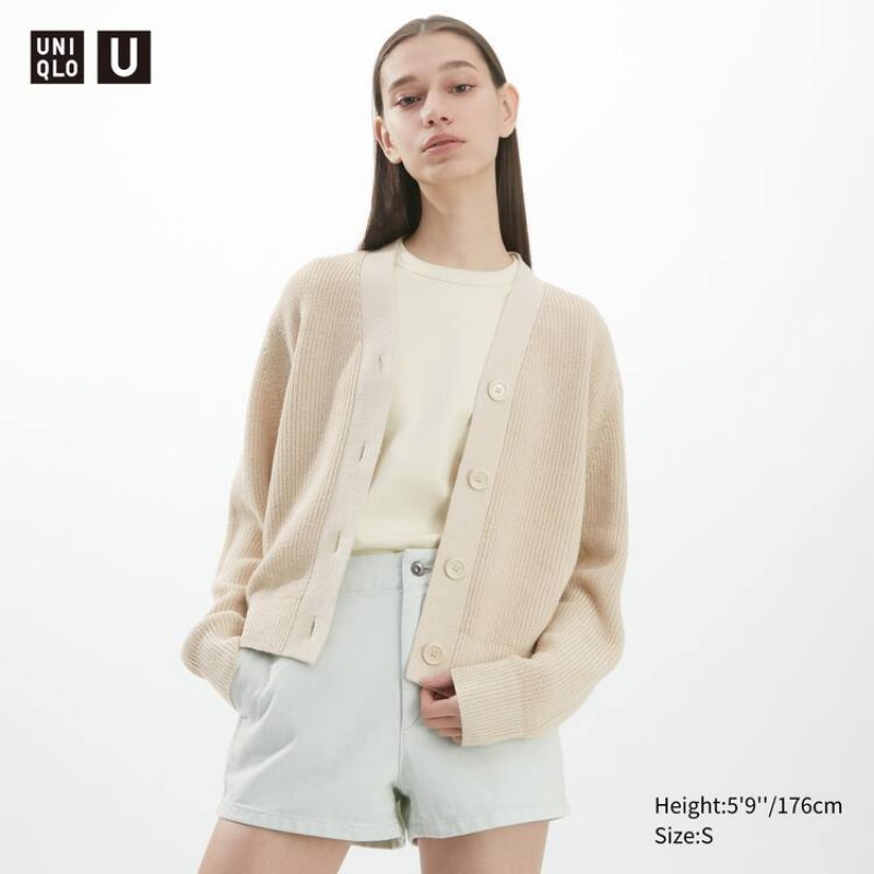 Uniqlo U Ribbed Women\'s Cardigan Beige | WZOJUK052