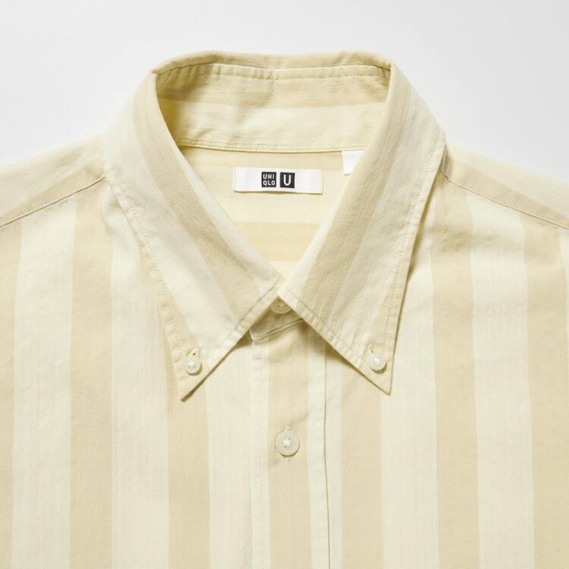 Uniqlo U Seersucker Casual Striped Short Sleeved Men's Shirts Cream | JRNHXA938