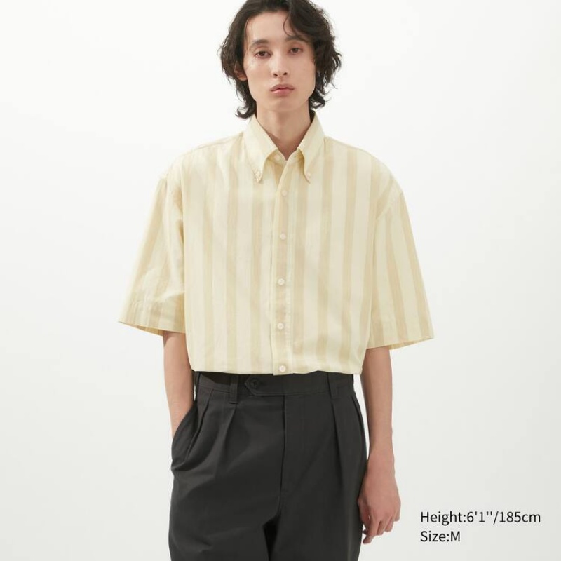 Uniqlo U Seersucker Casual Striped Short Sleeved Men's Shirts Cream | JRNHXA938