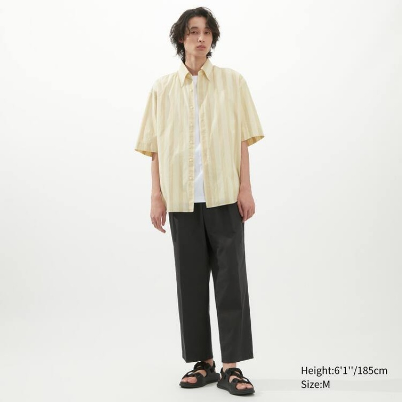 Uniqlo U Seersucker Casual Striped Short Sleeved Men's Shirts Cream | JRNHXA938