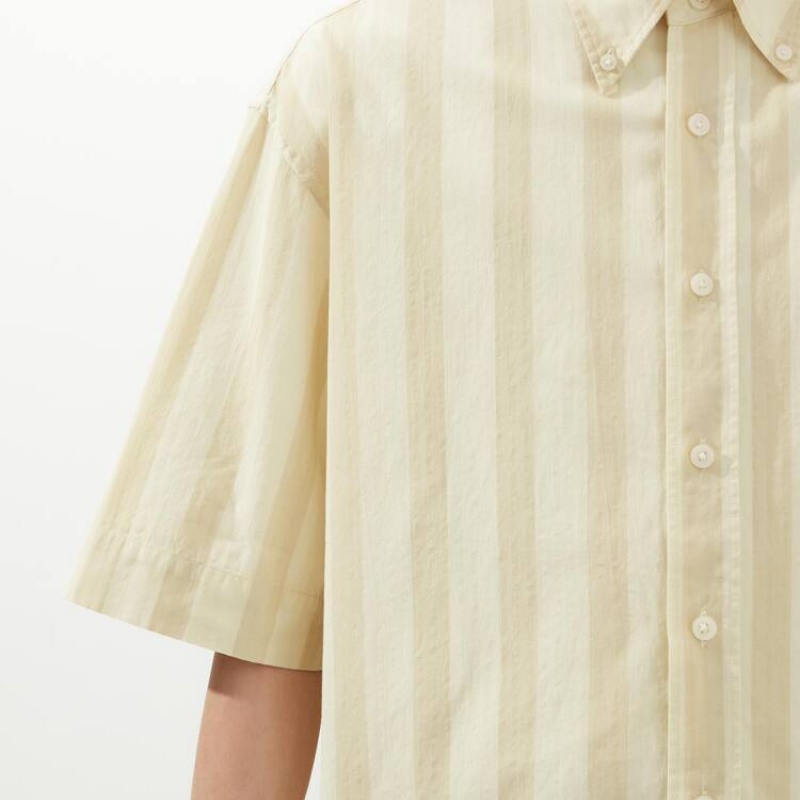 Uniqlo U Seersucker Casual Striped Short Sleeved Men's Shirts Cream | JRNHXA938