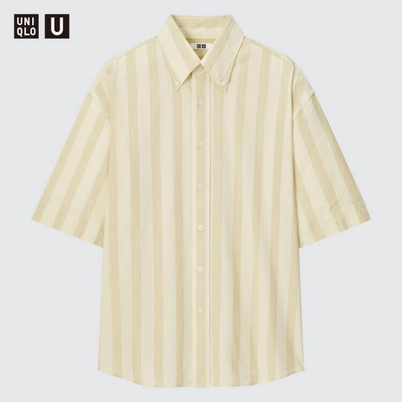 Uniqlo U Seersucker Casual Striped Short Sleeved Men's Shirts Cream | JRNHXA938