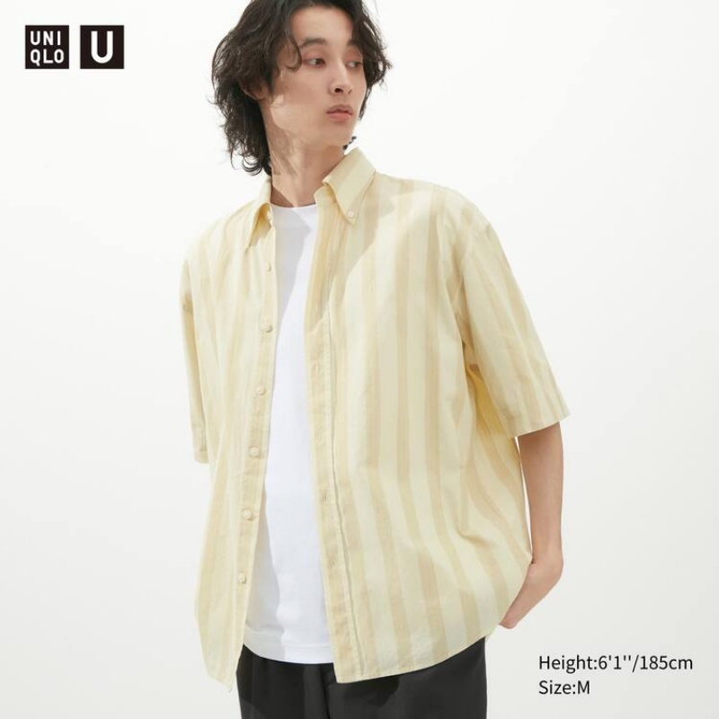 Uniqlo U Seersucker Casual Striped Short Sleeved Men\'s Shirts Cream | JRNHXA938