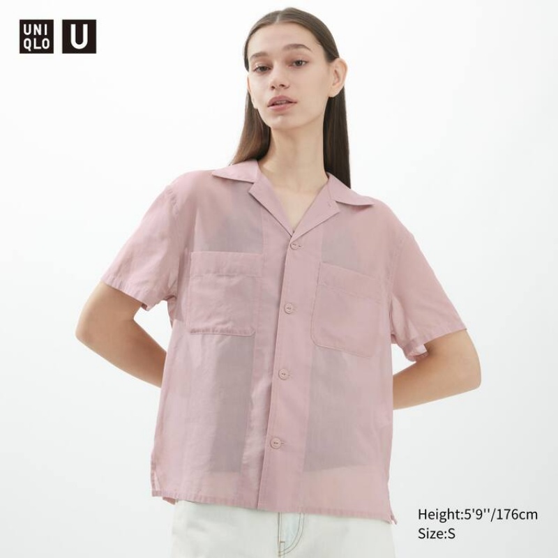 Uniqlo U Sheer Short Sleeved Women\'s Shirts Pink | ELYWJO379