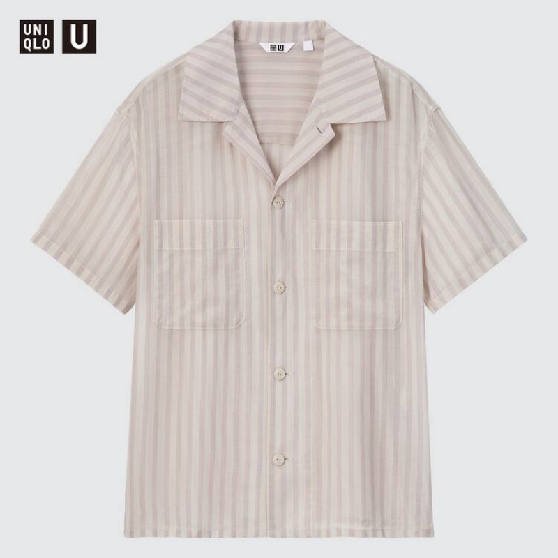 Uniqlo U Sheer Striped Short Sleeved Women's Shirts Pink | ZNDFPE365