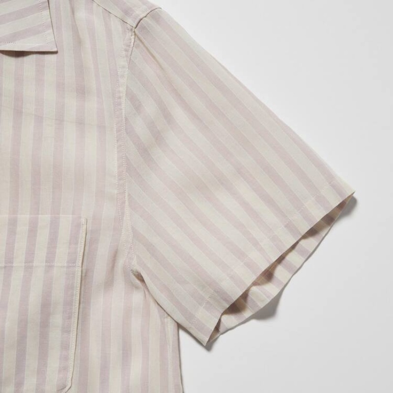 Uniqlo U Sheer Striped Short Sleeved Women's Shirts Pink | ZNDFPE365