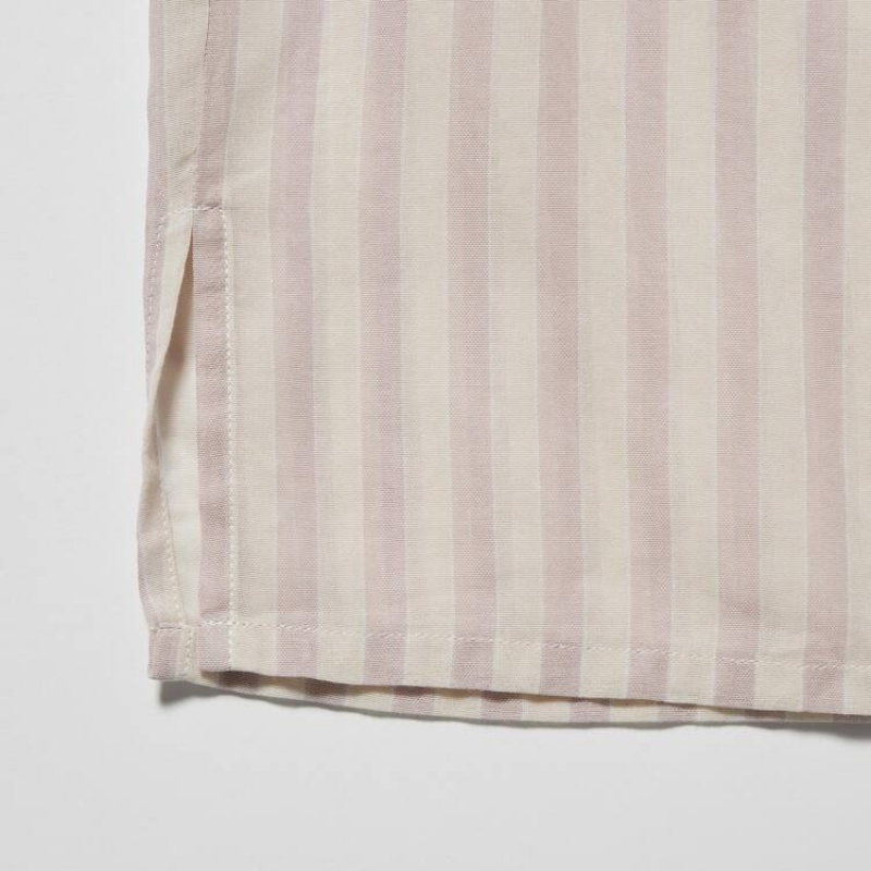 Uniqlo U Sheer Striped Short Sleeved Women's Shirts Pink | ZNDFPE365