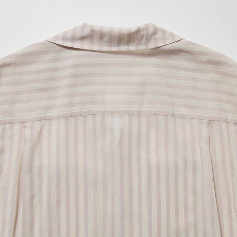 Uniqlo U Sheer Striped Short Sleeved Women's Shirts Pink | ZNDFPE365