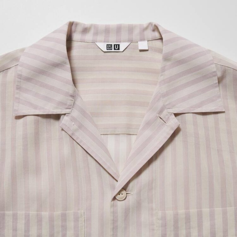 Uniqlo U Sheer Striped Short Sleeved Women's Shirts Pink | ZNDFPE365