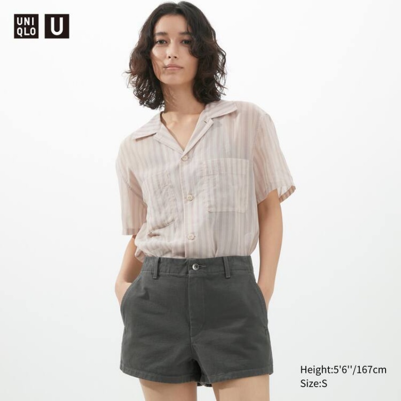 Uniqlo U Sheer Striped Short Sleeved Women\'s Shirts Pink | ZNDFPE365