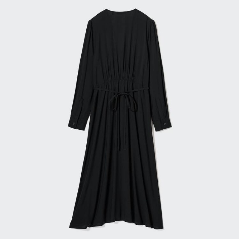 Uniqlo V Neck Flared Long Sleeved Women's Dress Black | JNOACS702