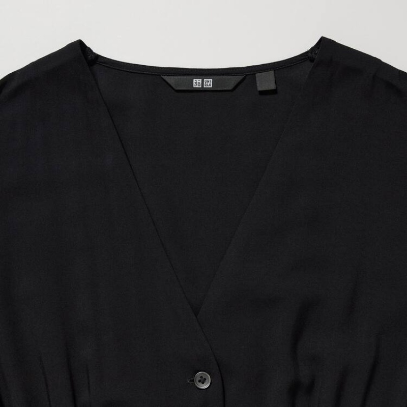 Uniqlo V Neck Flared Long Sleeved Women's Dress Black | JNOACS702