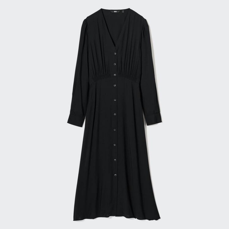 Uniqlo V Neck Flared Long Sleeved Women\'s Dress Black | JNOACS702