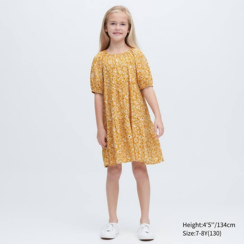 Uniqlo Viscose Flower Printed Short Sleeved Kids' Dress Yellow | QYFZVK837