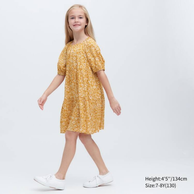 Uniqlo Viscose Flower Printed Short Sleeved Kids' Dress Yellow | QYFZVK837