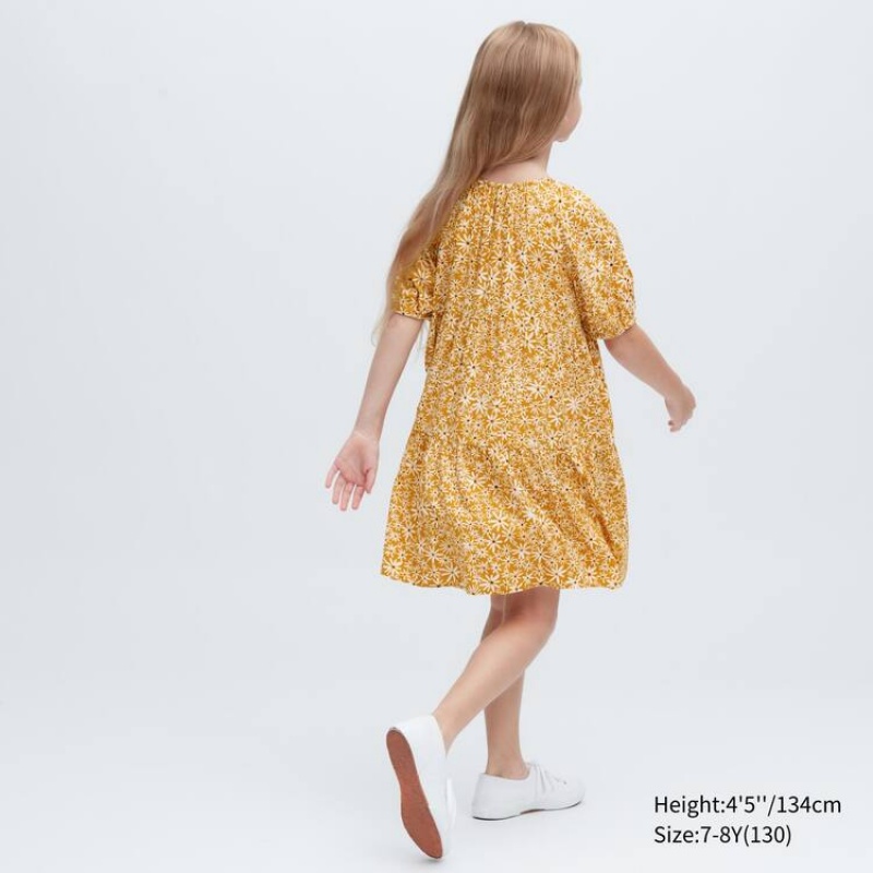 Uniqlo Viscose Flower Printed Short Sleeved Kids' Dress Yellow | QYFZVK837