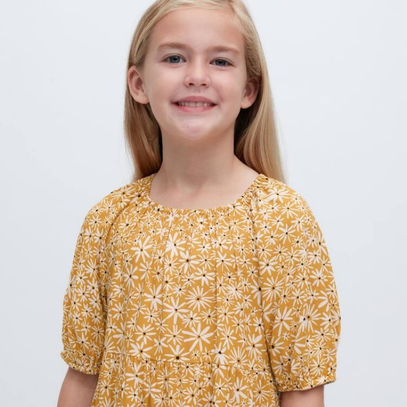 Uniqlo Viscose Flower Printed Short Sleeved Kids' Dress Yellow | QYFZVK837