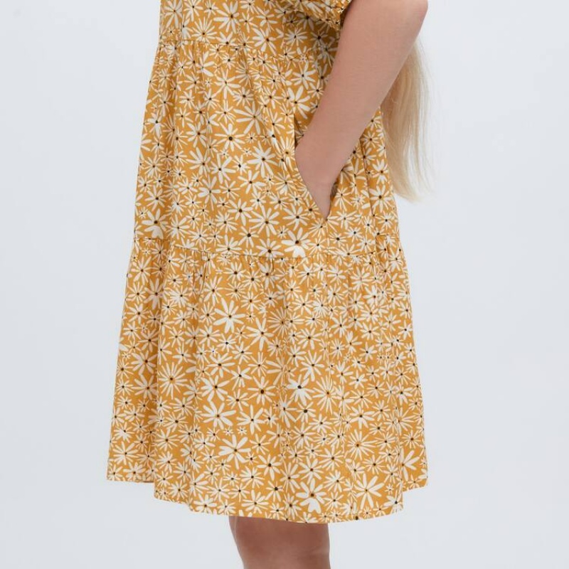 Uniqlo Viscose Flower Printed Short Sleeved Kids' Dress Yellow | QYFZVK837