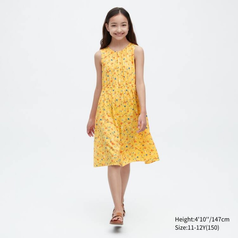 Uniqlo Viscose Flower Printed Sleeveless Kids\' Dress Yellow | XADRHU972