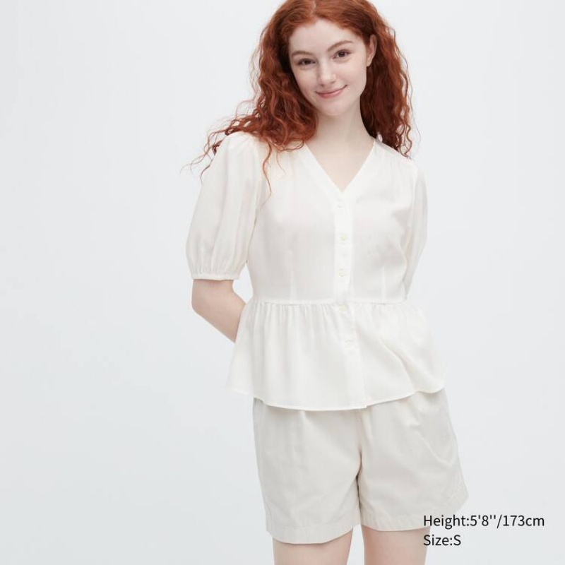 Uniqlo Viscose Lawn Short Sleeved Women\'s Blouse White | URQBEI264