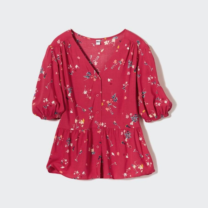 Uniqlo Viscose Lawn V Neck Printed Volume Sleeved Women's Blouse Red | WTMRFY187