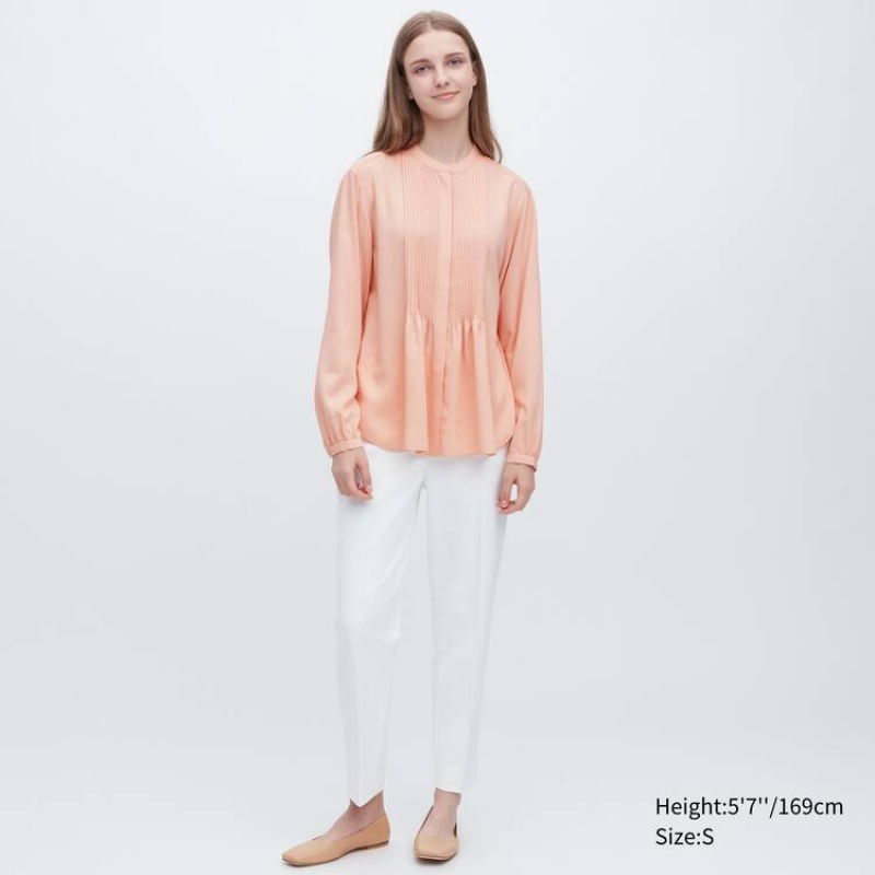 Uniqlo Viscose Pintucked Long Sleeved Women's Blouse Coral | VJSXYN931