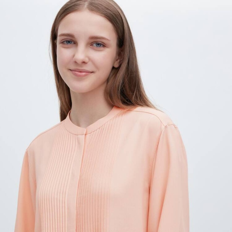 Uniqlo Viscose Pintucked Long Sleeved Women's Blouse Coral | VJSXYN931