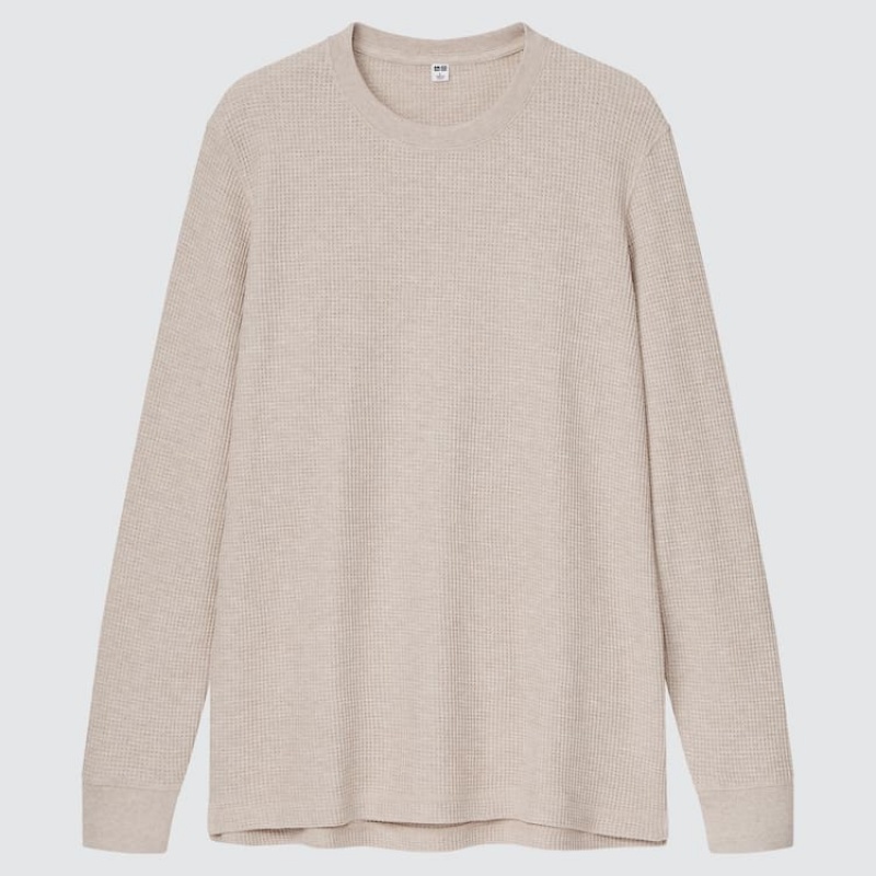 Uniqlo Waffle Crew Neck Long Sleeved (2021 Season) Men\'s T Shirts Beige | WVUGRZ187