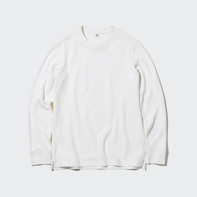 Uniqlo Waffle Crew Neck Long Sleeved Men\'s T Shirts White | GNOYAB890