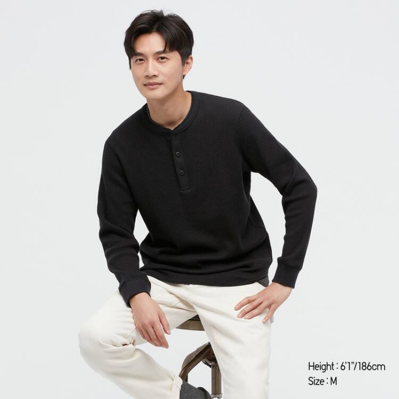 Uniqlo Waffle Henley Men\'s Tops Black | FBKPQI046