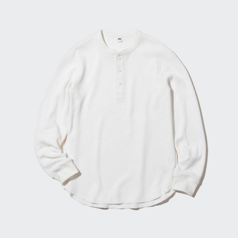 Uniqlo Waffle Henley Neck Long Sleeved Men\'s T Shirts White | NZXDKQ495