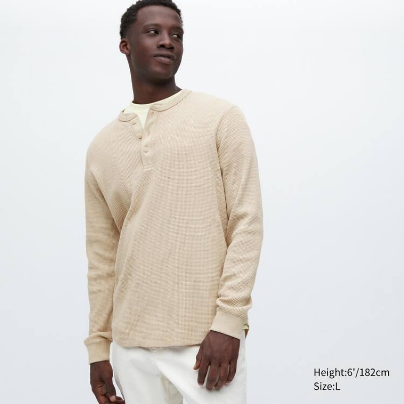 Uniqlo Waffle Henley Neck Long Sleeved Men\'s T Shirts Beige | IJPKSF289